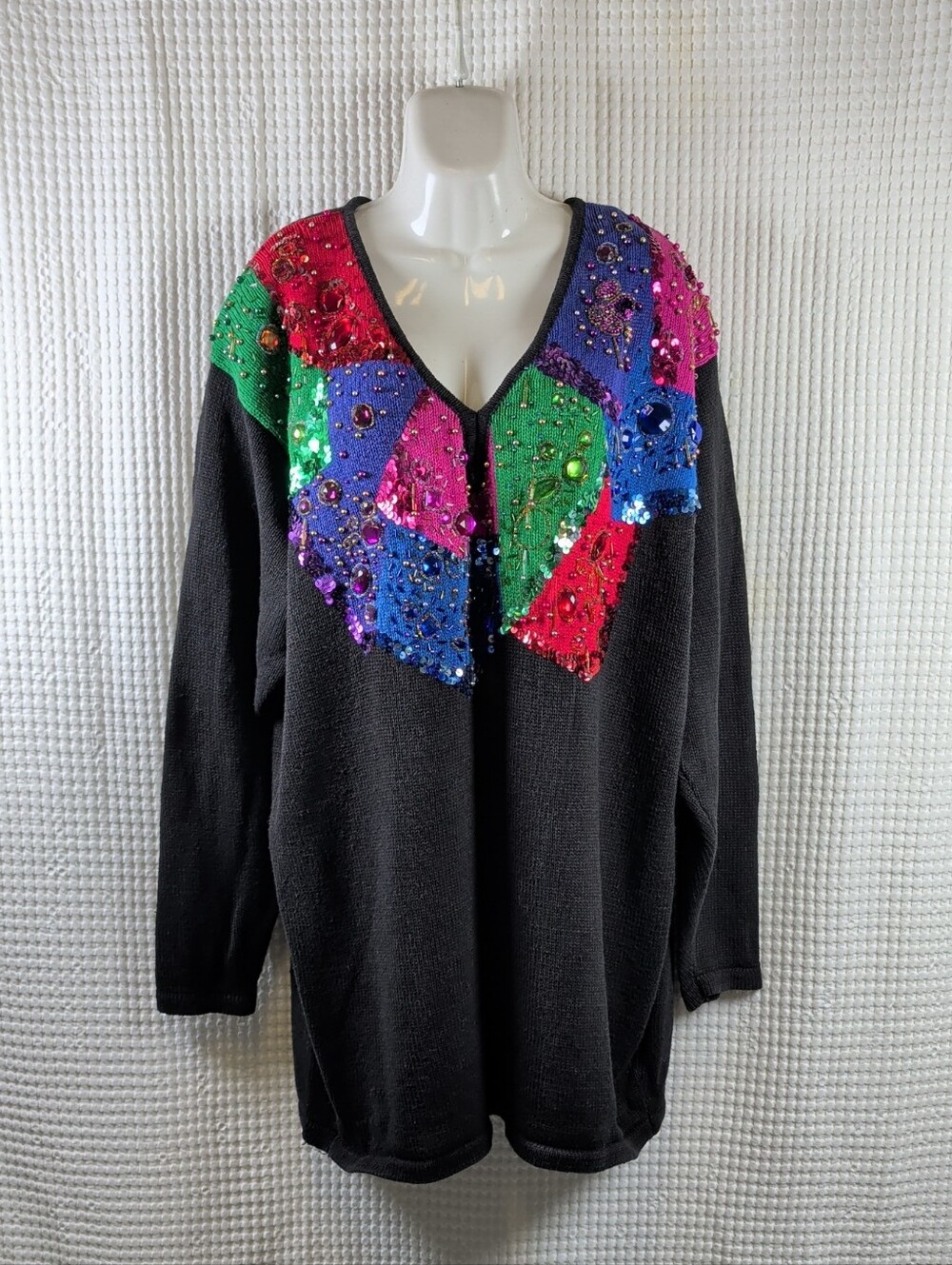 Work In Progress By Gladys Bagley Black Women's Sequin Patchwork V-Neck Sweater